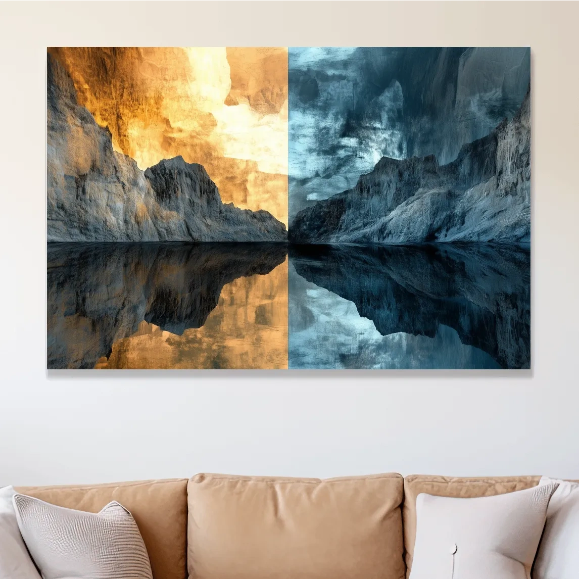 Split Tone Mountain Lake Reflection - Fiery Sunset Cool Twilight