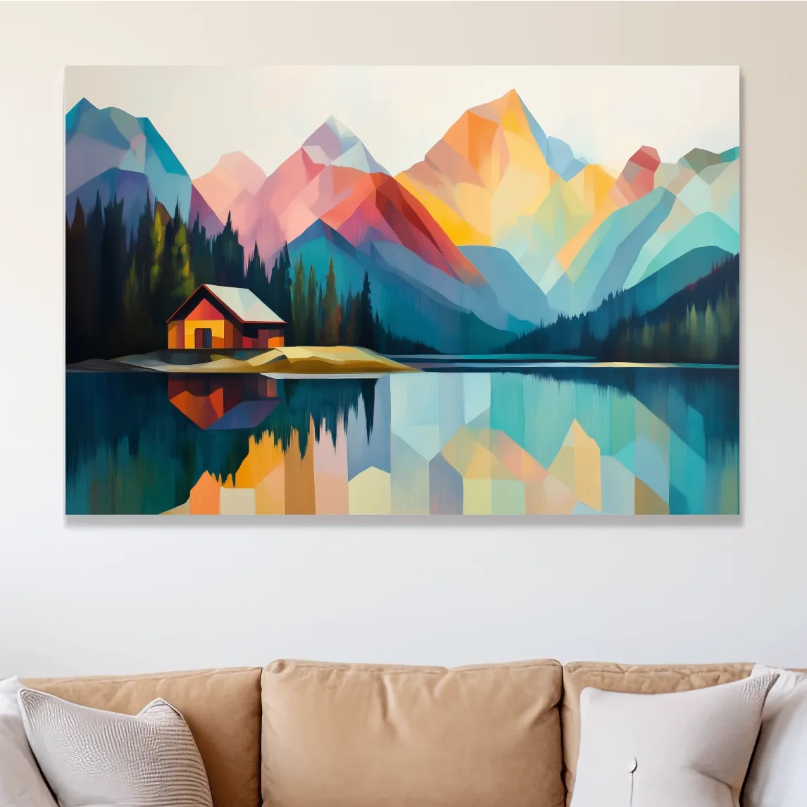 Colorful mountain cabin artwork, geometric landscape wall art