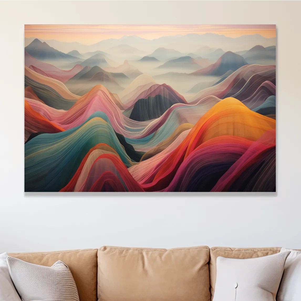 Colorful abstract mountain wall art, layered flowing waves effect