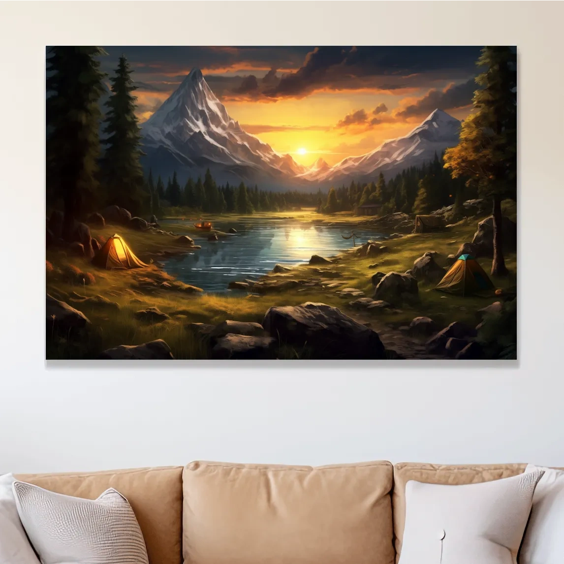 Painting of an alpine campsite by a lake at sunset, serene wall artwork