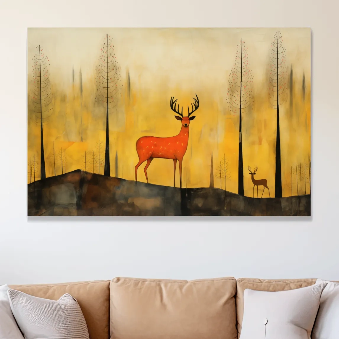 Quirky illustration art of a deer in the forest, whimsical animal artwork