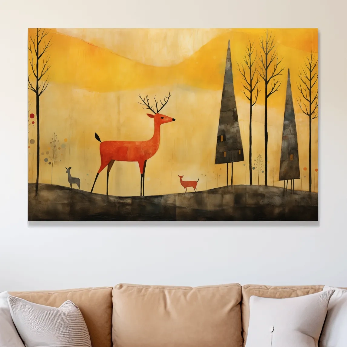 Red deer in an autumn forest landscape, quirky painting artwork