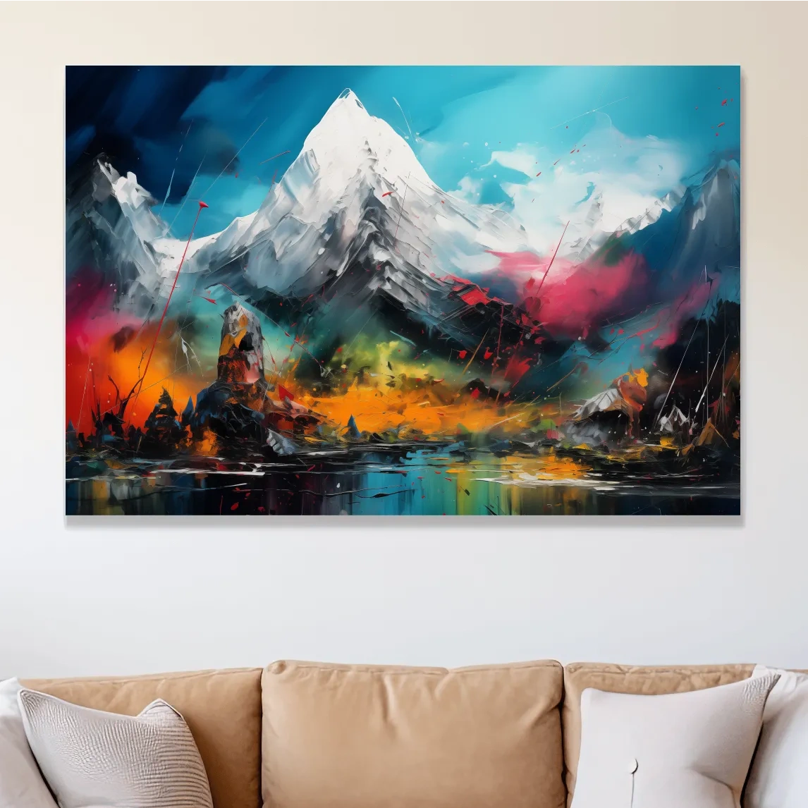 Abstract vibrant mountain wall art, impasto painting effect