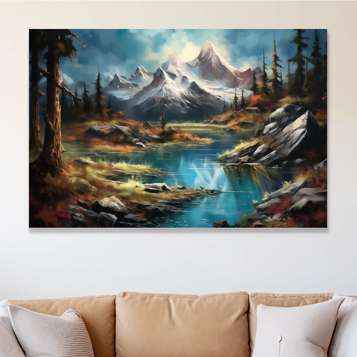 Serene alpine lake and snow-capped mountains wall artwork, vibrant scenic painting