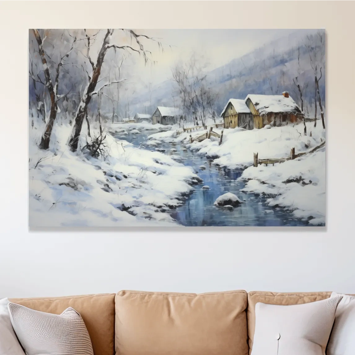 Snowy landscape artwork with rustic cabins beside a frozen stream, serene winter wall art