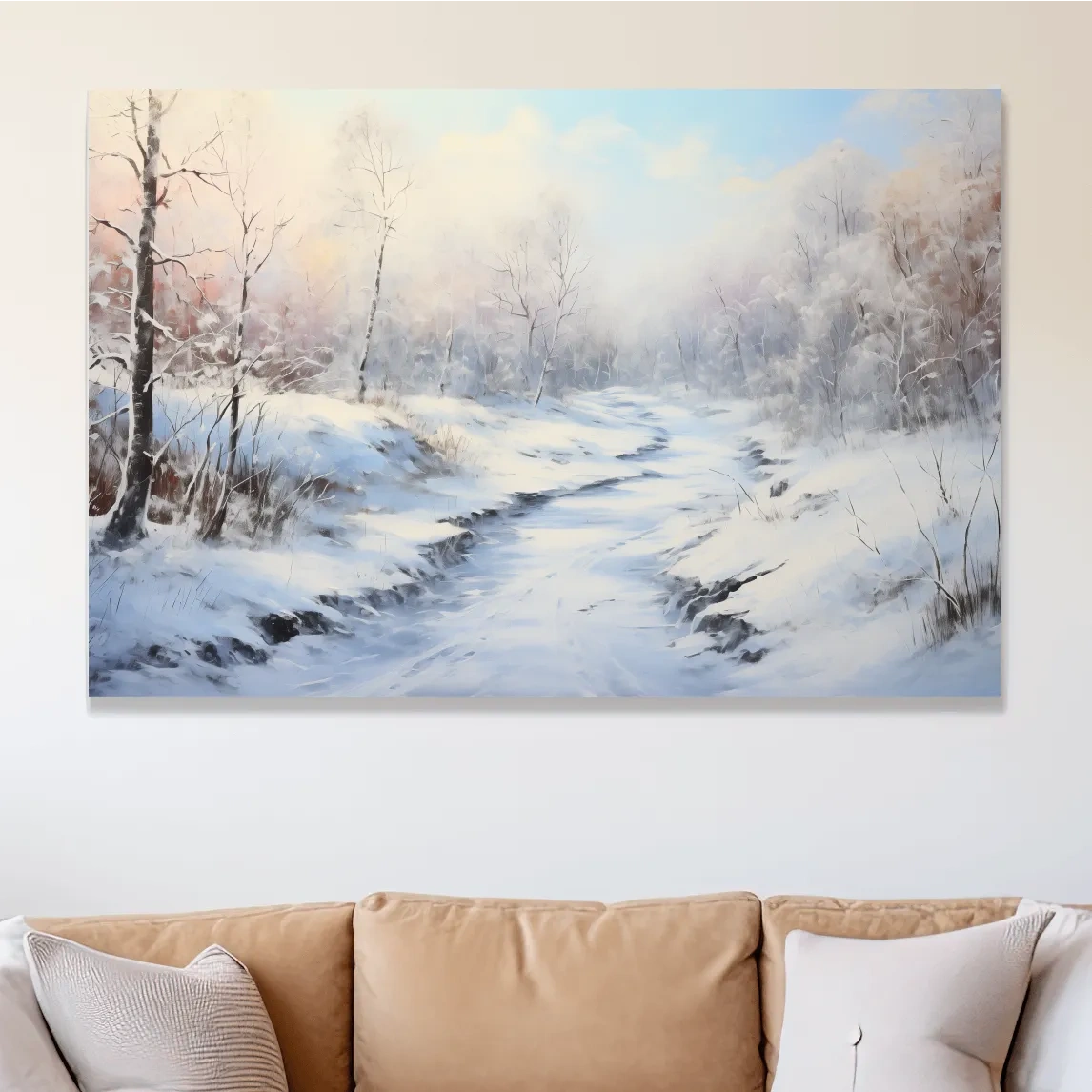 Winter landscape artwork, serene snowy forest path with soft pastel sky