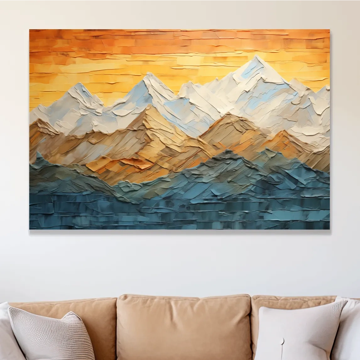 Glacier sunset mountain art, textured pallet knife painting effect