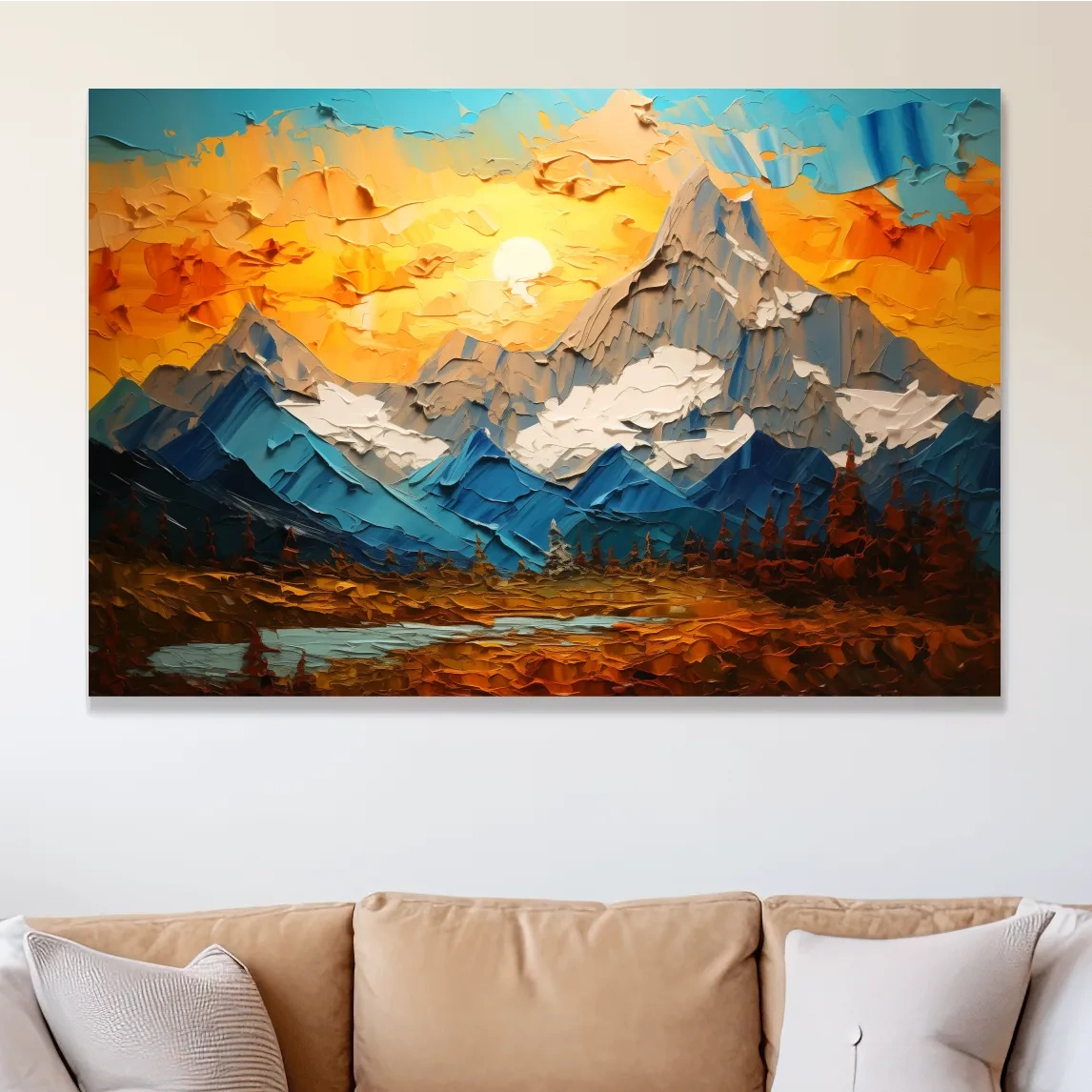 Palette Knife Style Mountain Sunset Painting - Vibrant Abstract Alpine Artwork
