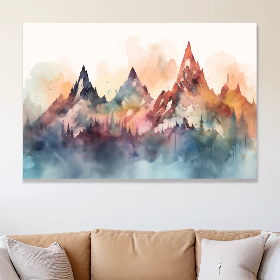Colorful watercolor mountain wall art, serene misty landscape painting