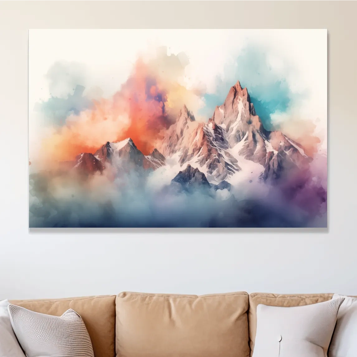 Abstract colourful mountain artwork, vibrant effect with clouds and peaks