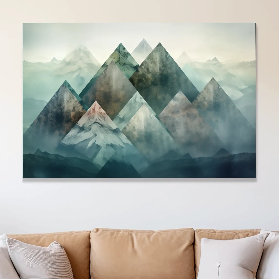 Mystical mountain landscape artwork, layered geometric peaks in misty hues