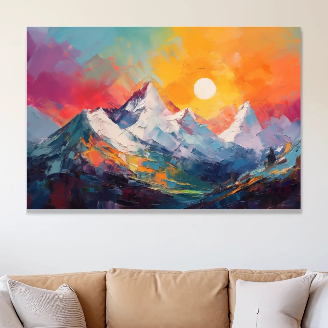 Colorful abstract mountain wall art, vibrant sunset oil painting print
