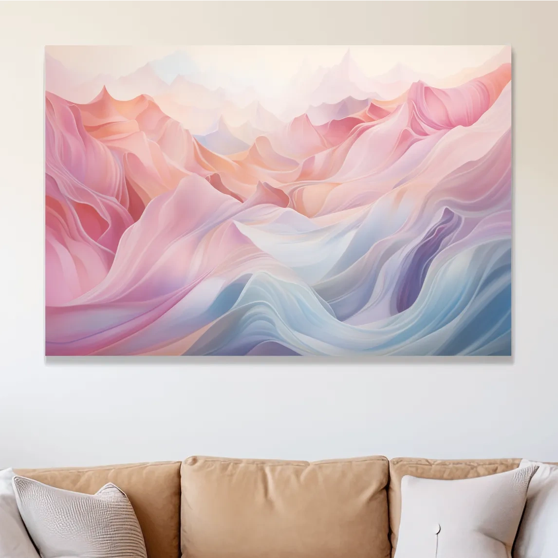 Soft pastel abstract mountain landscape artwork, flowing abstract waves in pink and blue tones