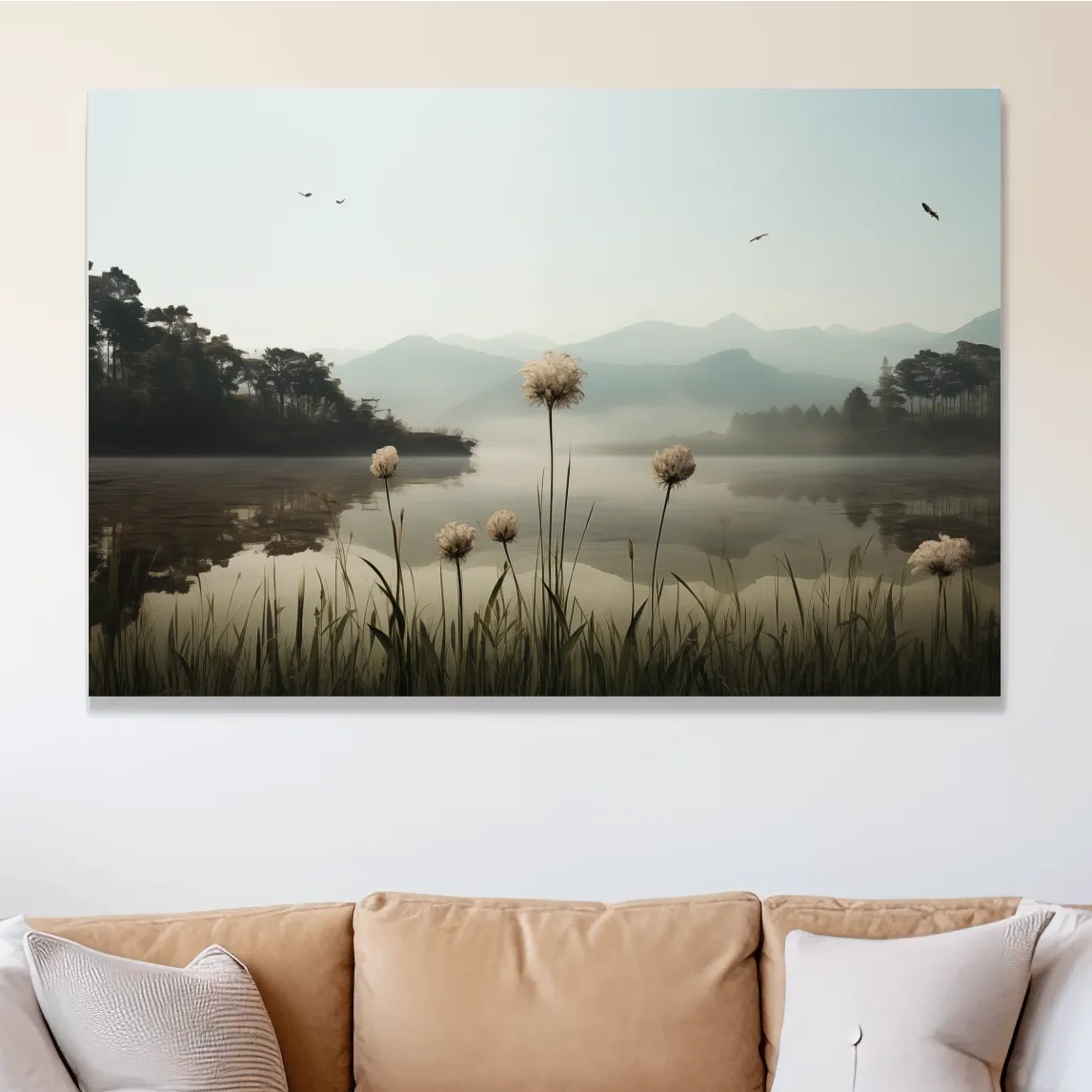 Photographic art painting of dandelions on the lake