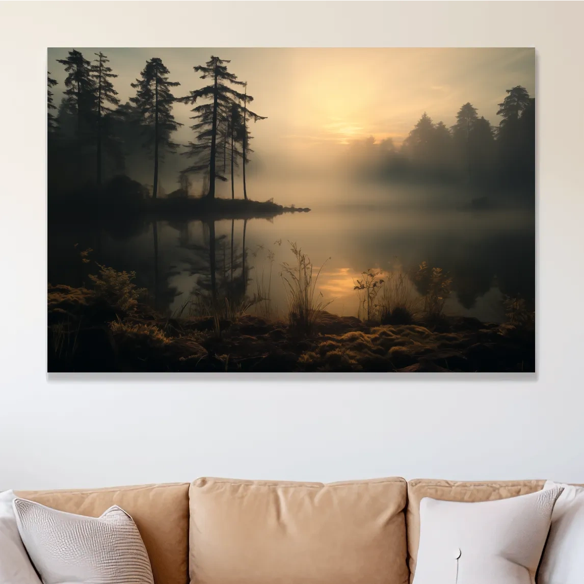 Photographic art of a misty lake at sunrise