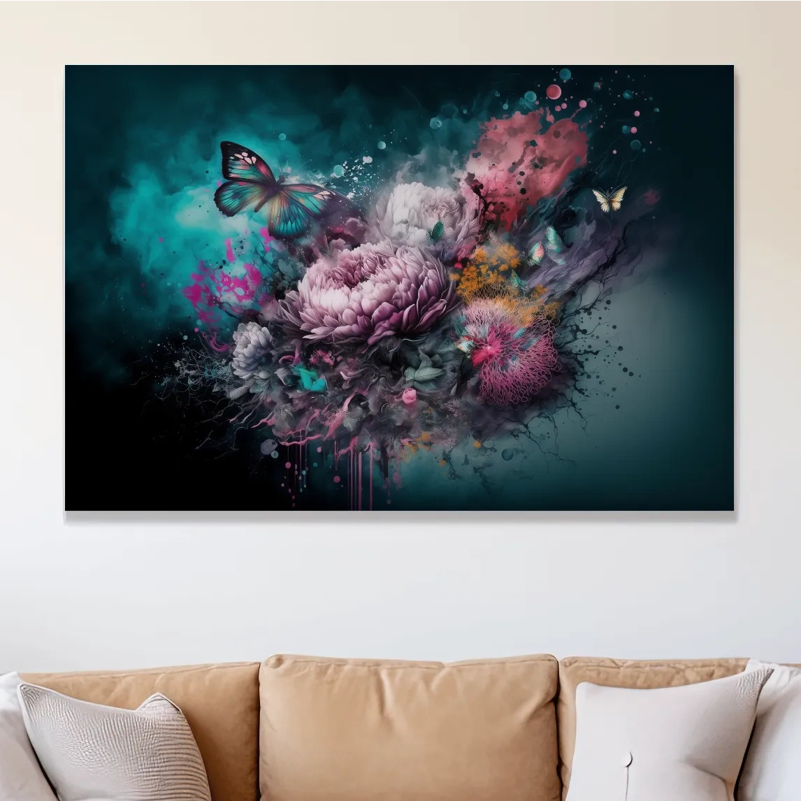 Surreal Floral Butterfly Explosion Painting - Vibrant Botanical Wall Art