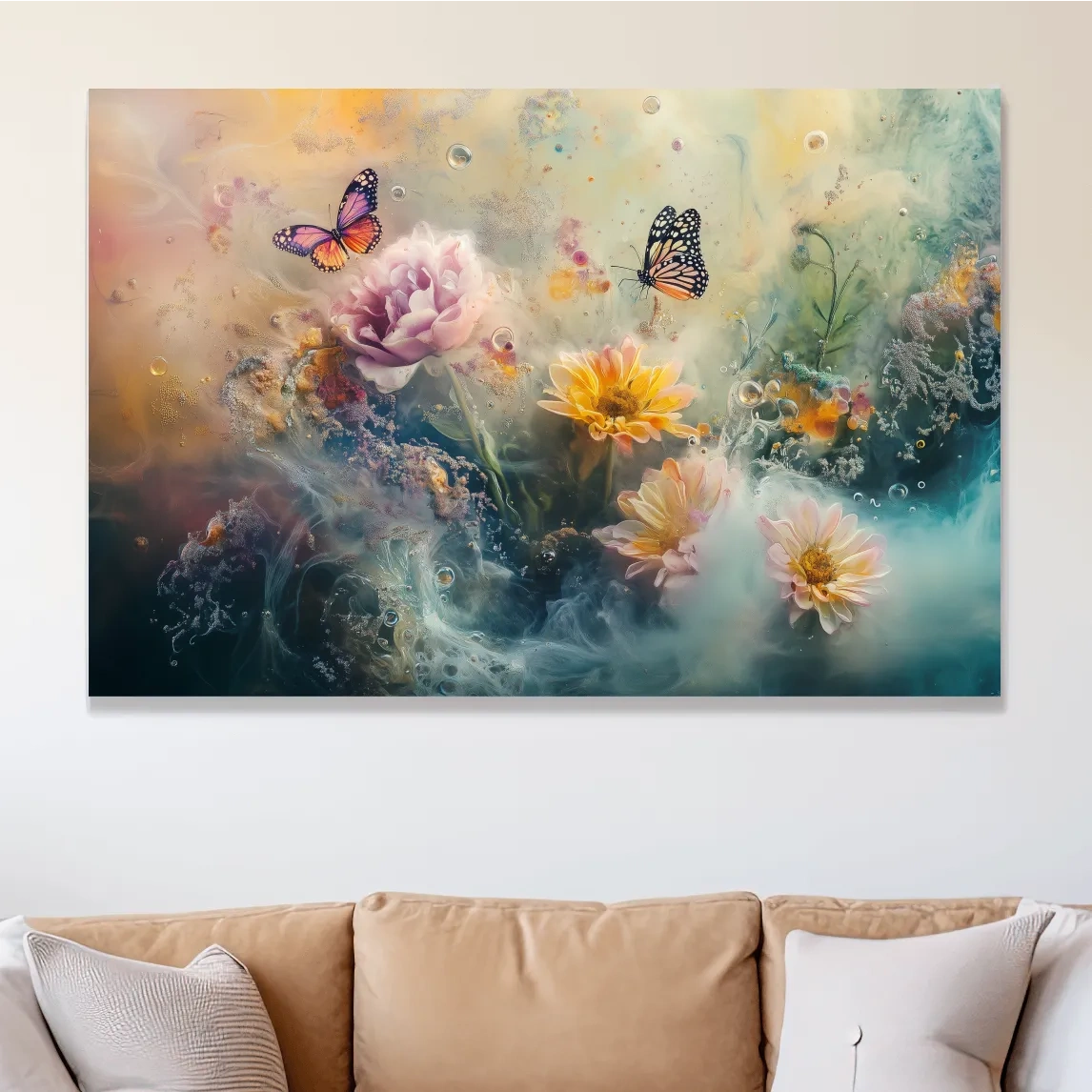 Abstract butterfly and flower wall art painting, dreamy pastel artwork