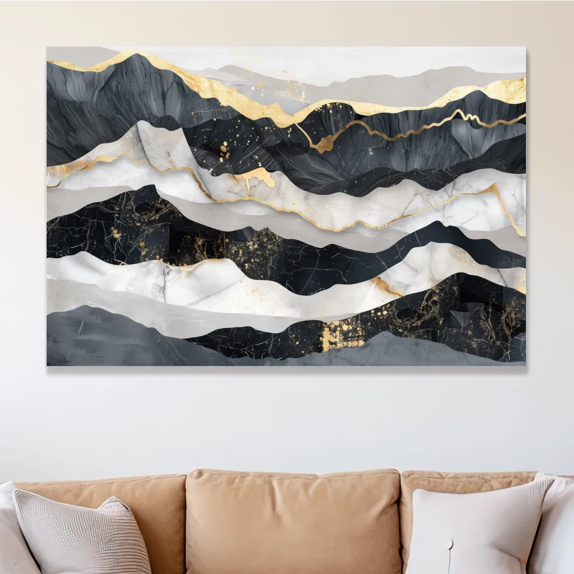 Abstract Black Marble Mountain Layers - Modern Elegant Gold Foil Landscape Wall Art