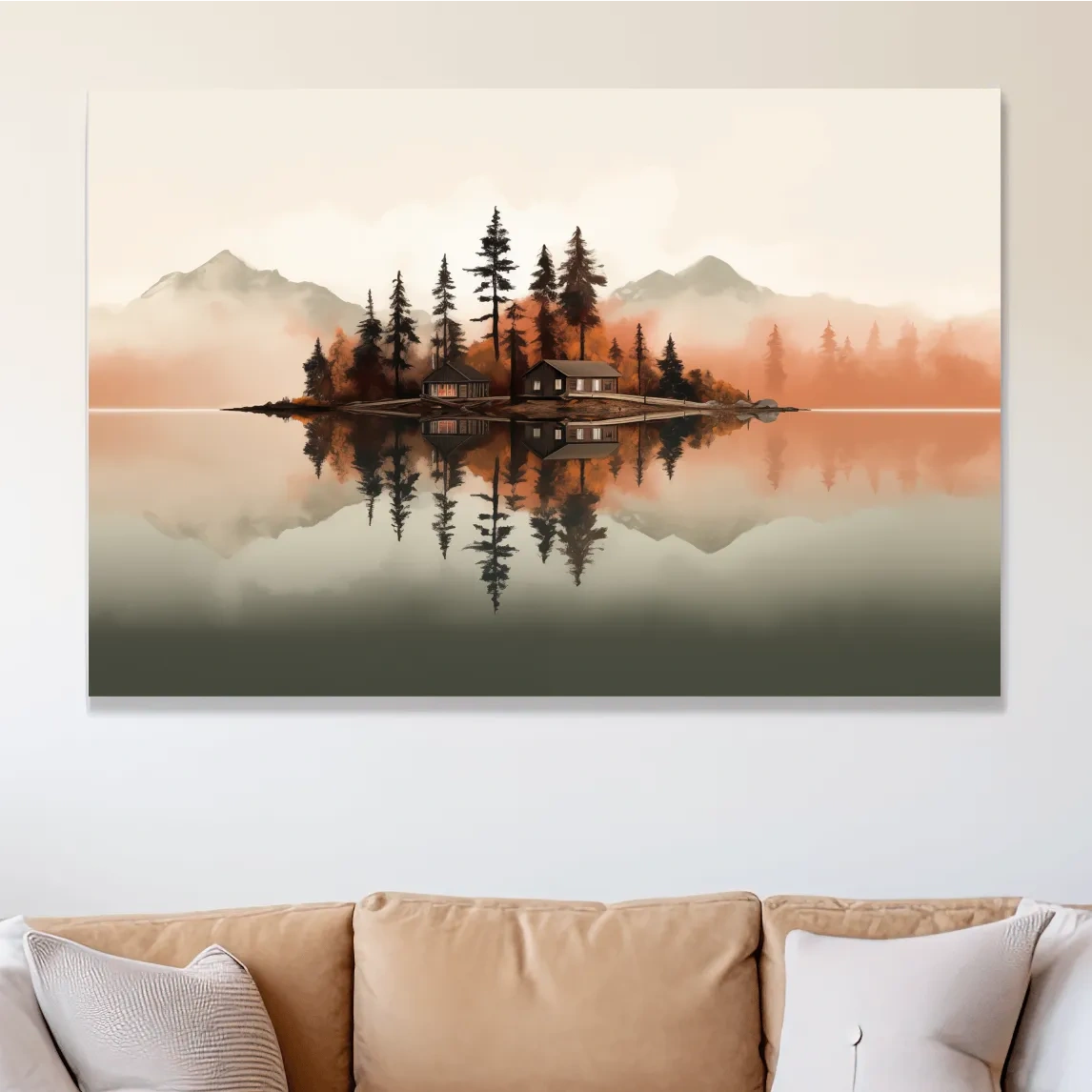 Minimalist art, lakeside cabin amongst the trees