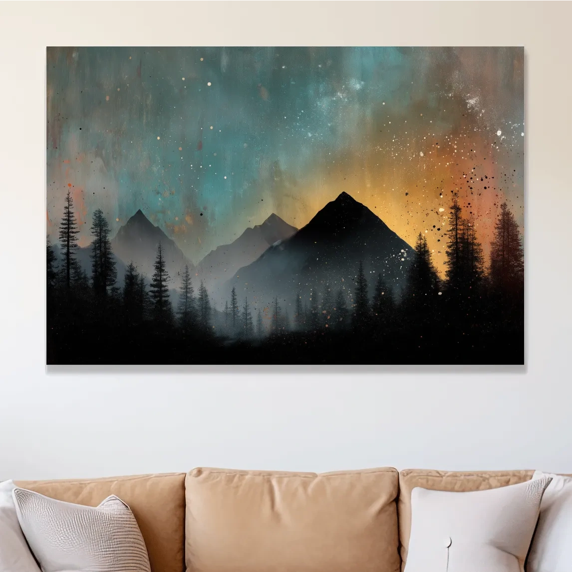 Colorful mountain sunrise artwork, misty forest and starry sky painting