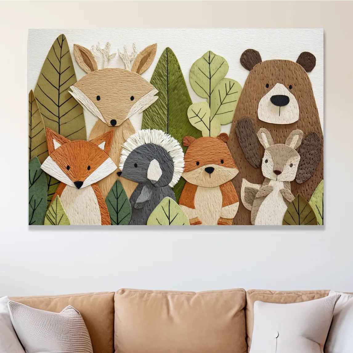 Woodland animal nursery decor, cute forest animal wall art in textured embroidery style
