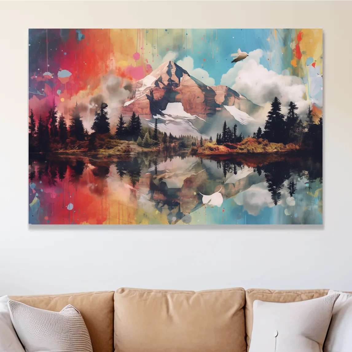 Vibrant Abstract Mountain Lake Painting - Colorful Landscape Wall Art