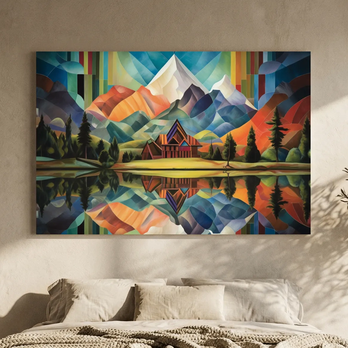 Vibrant Geometric Mountain Cabin Lake Reflection - Colorful Abstract Landscape Wall Art