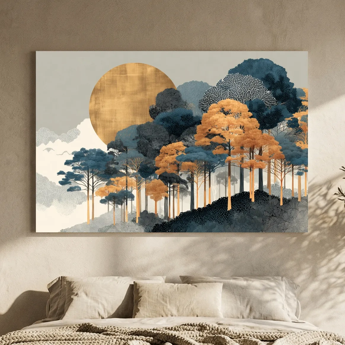 Modern Chic Golden Sun Over Autumn Forest - Elegant Boho Landscape Wall Art