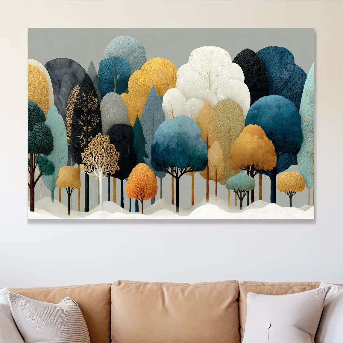 Modern colorful boho forest grove: layered collage style wall art