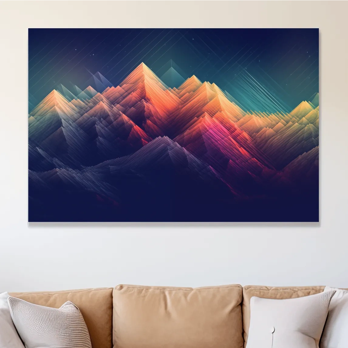 Vibrant Geometric Neon Mountain Peaks - Abstract Alpine Wall Art