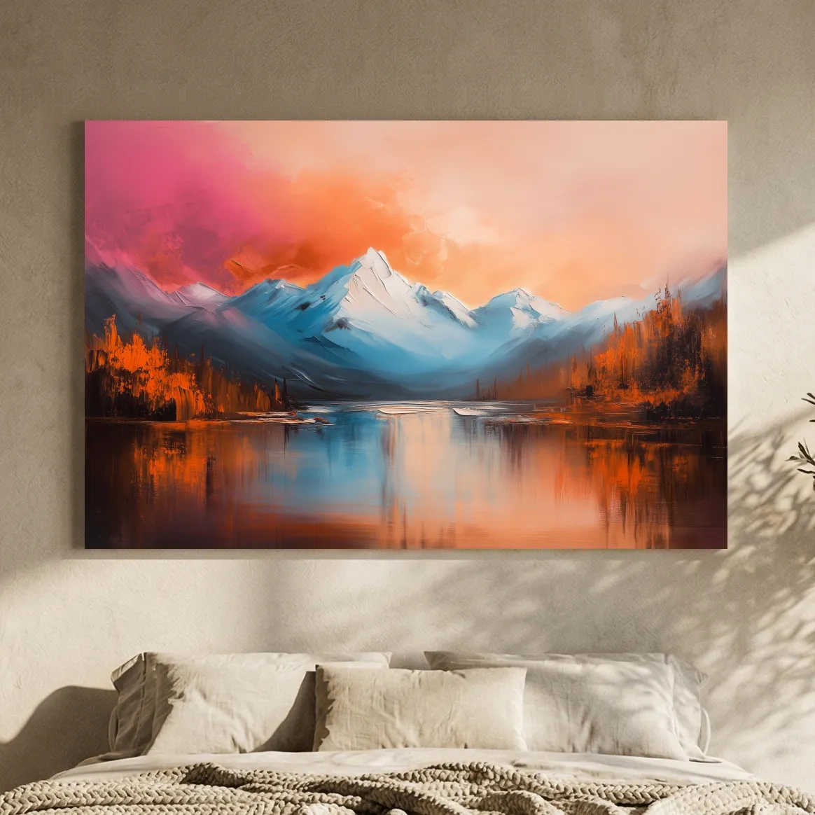 Sunset Mountain Lake Painting - Serene Abstract Landscape Wall Art Print