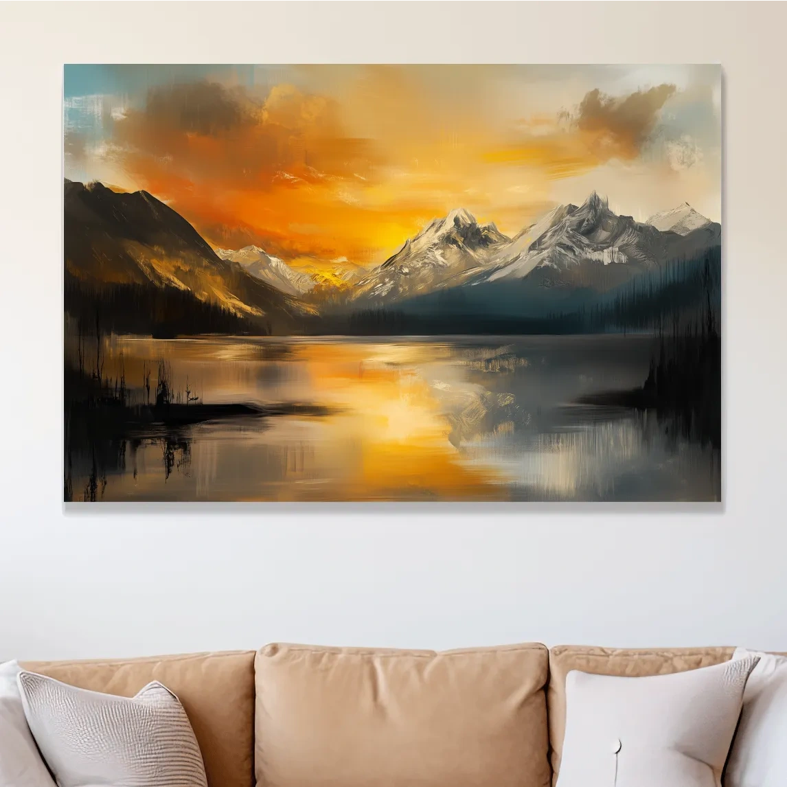 Moody Alpine Mountain Lake Sunset Painting - Oil Painting Style Wall Art