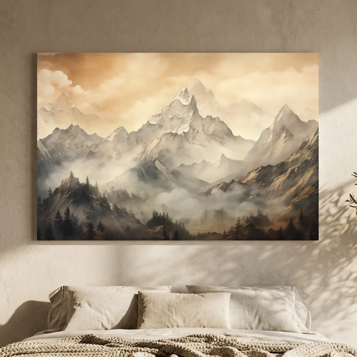 Moody Sepia Misty Mountain Peaks - Atmospheric Alpine Landscape Painting Wall Art