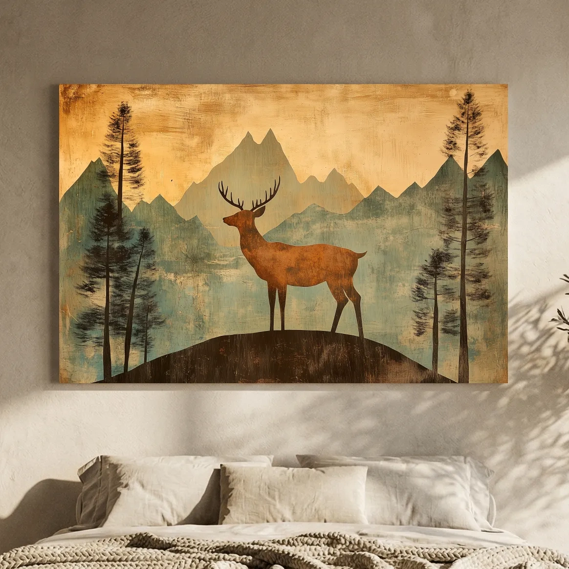 Rustic Deer Silhouette Mountain Landscape - Vintage Woodland Wall Art