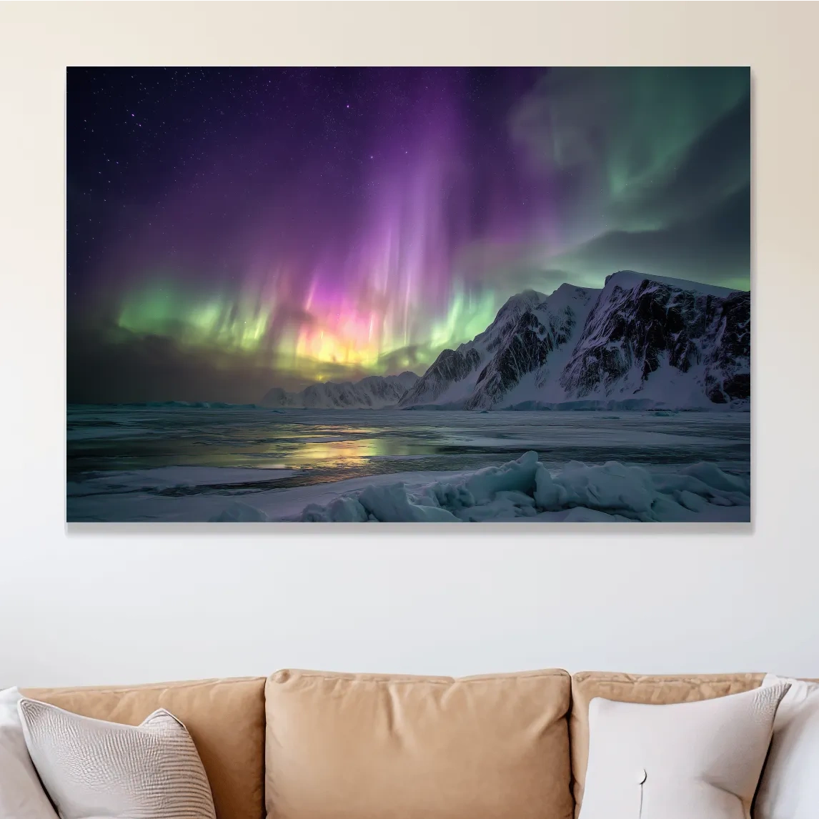 Vibrant Northern Lights Over Snowy Mountains - Aurora Borealis Photographic Night Sky Wall Art