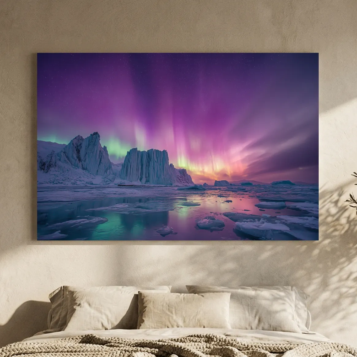 Vibrant Purple Northern Lights Over Arctic Icebergs - Aurora Borealis Landscape Wall Art