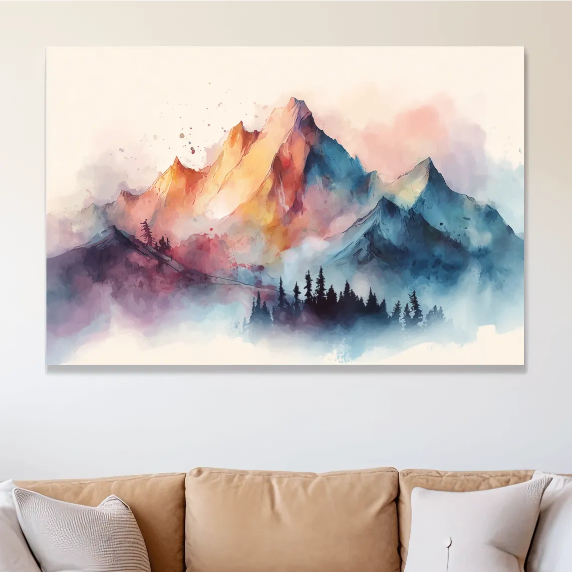 Vibrant Watercolor Mountain Peaks - Colorful Misty Alpine Forest Wall Art