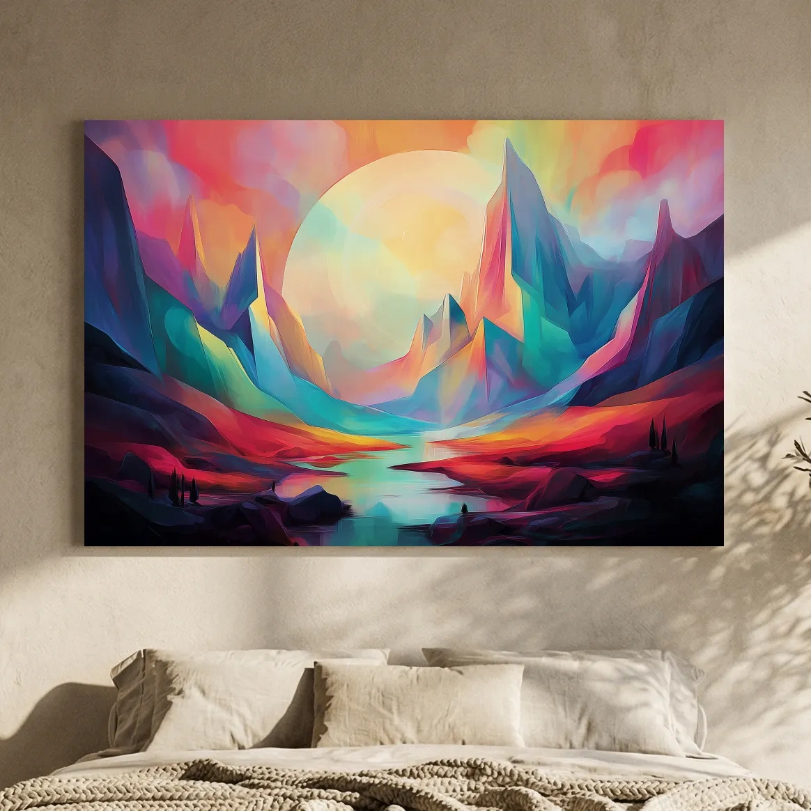 Vibrant Abstract Mountain Valley Sunset - Colorful Surreal Landscape Wall Art