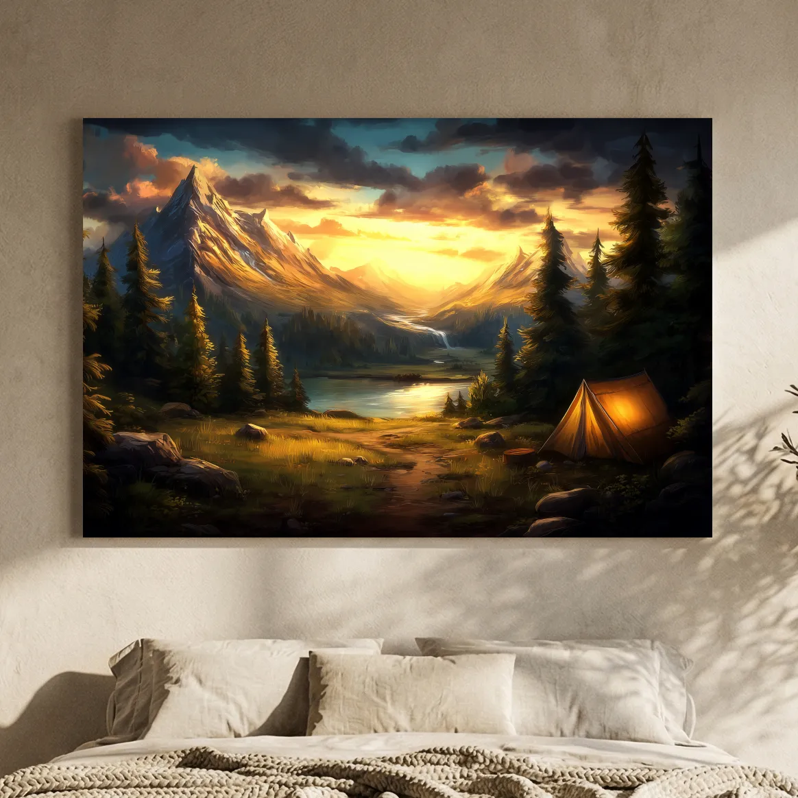 Golden Sunset Alpine Camping Scene Impressionist Painting - Scenic Mountain Wall Art