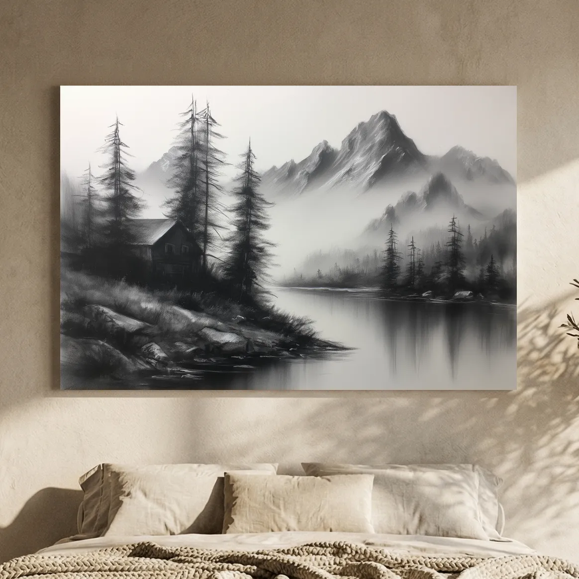 Moody Monochrome Alpine Lake Cabin - Charcoal Mountain Sketch Style Wall Art