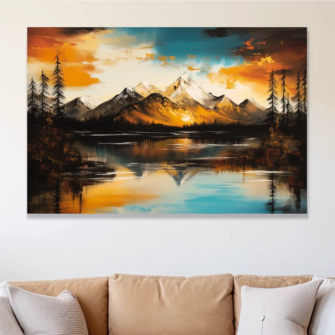 Alpine Mountain Sunset Oil Painting - Textured Abstract Landscape Wall Art