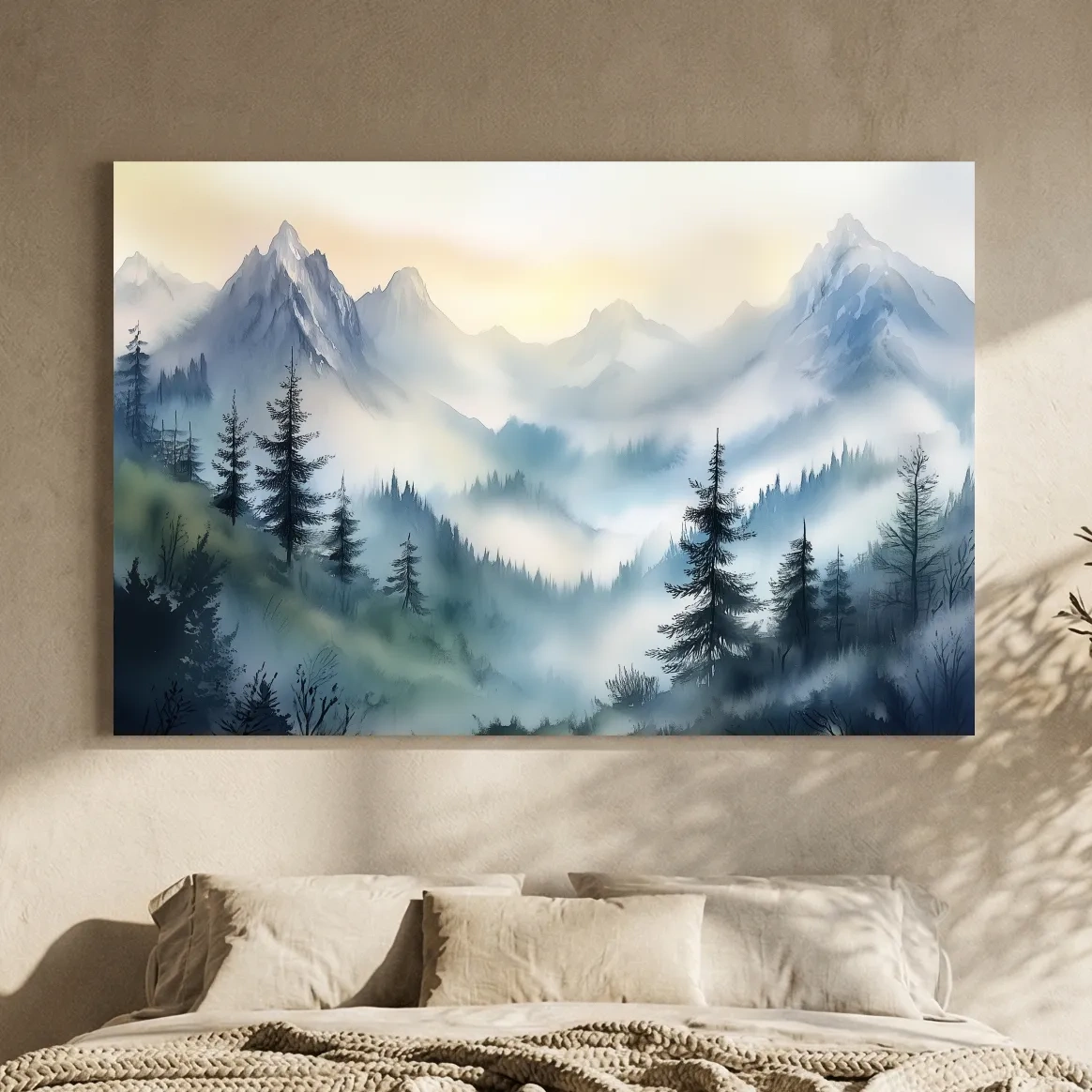 Chinese Ink Wash Watercolor Mountain Peaks - Foggy Alpine Wall Art