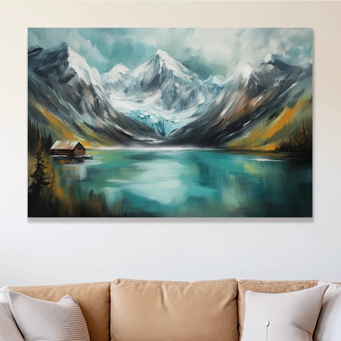 Turquoise Alpine Lake Cabin Painting - Snowy Mountain Landscape Wall Art