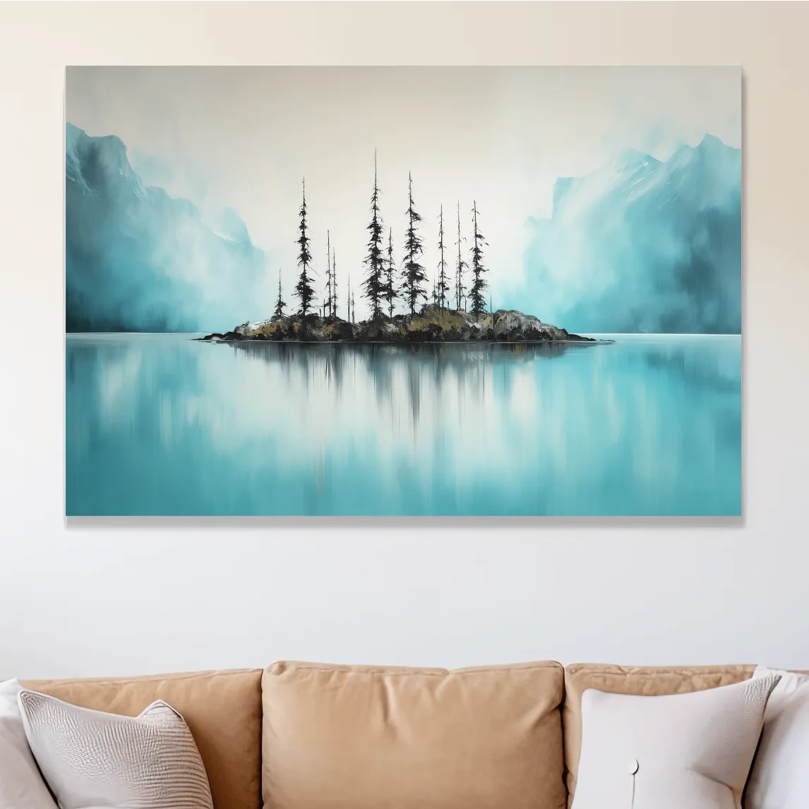 Misty Turquoise Mountain Lake Reflection - Minimalist Watercolor Landscape Wall Art