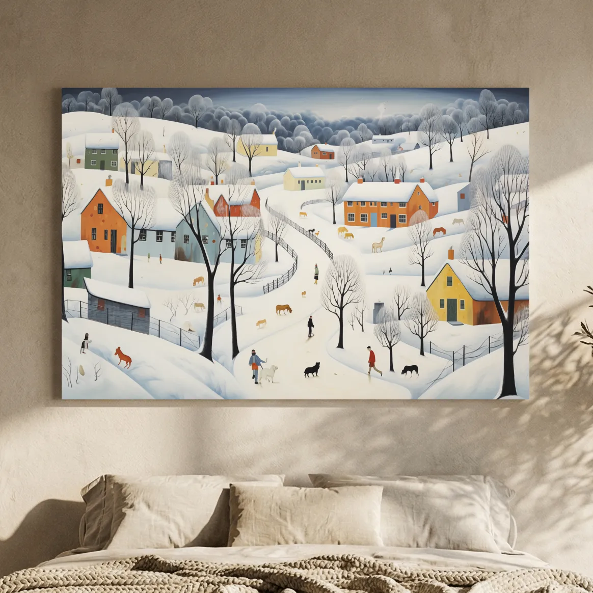 Whimsical Snowy Village Winter Landscape Painting - Folk Art Countryside Wall Art