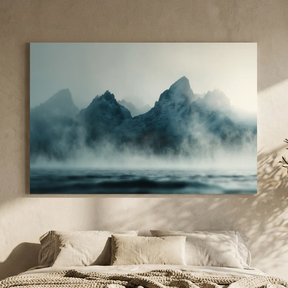 Moody Misty Mountain Peaks Over Water - Atmospheric Monochrome Landscape Wall Art