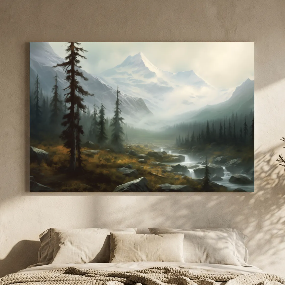 Misty Alpine Mountain Valley Painting - Foggy Evergreen Forest Wall Art