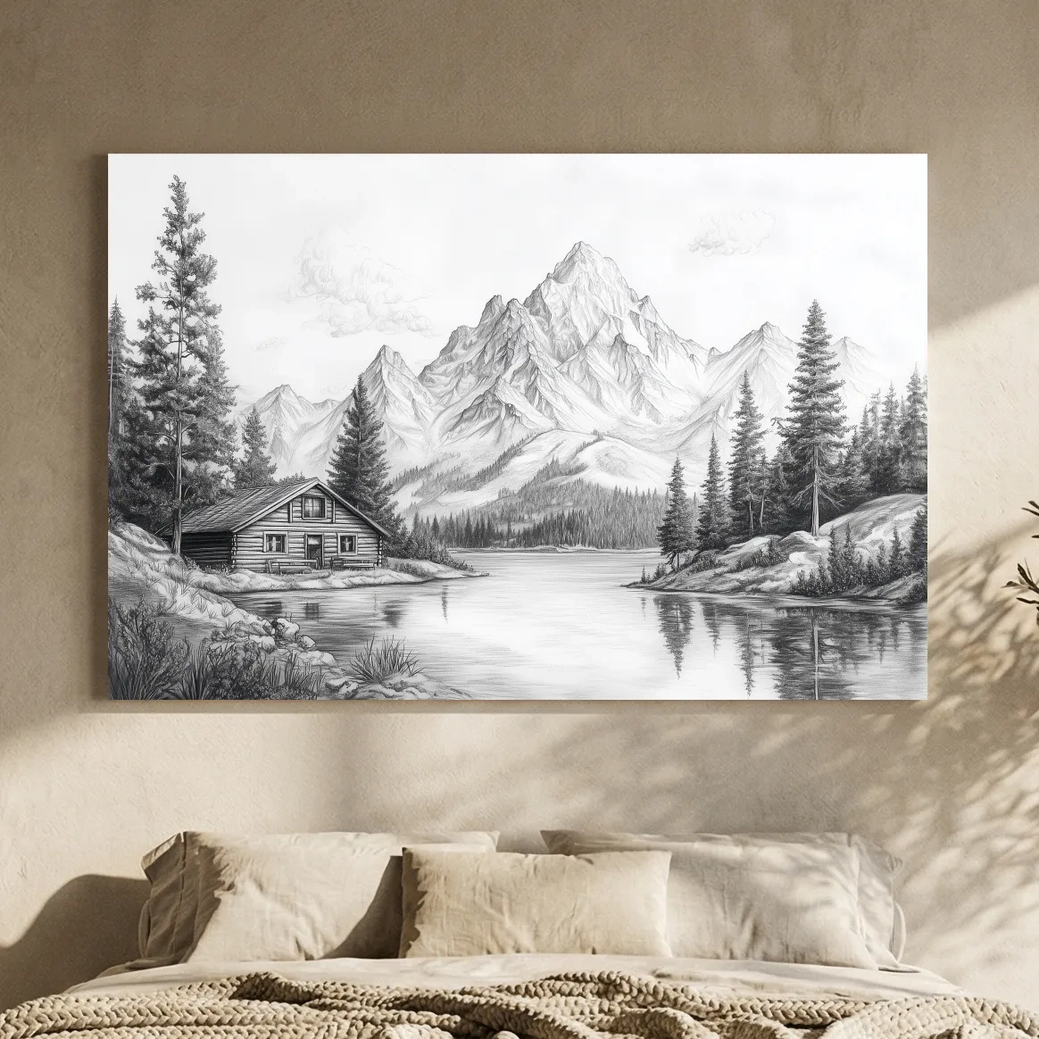 Vintage Pencil Sketch Alpine Lake Cabin - Black And White Mountain Landscape Wall Art