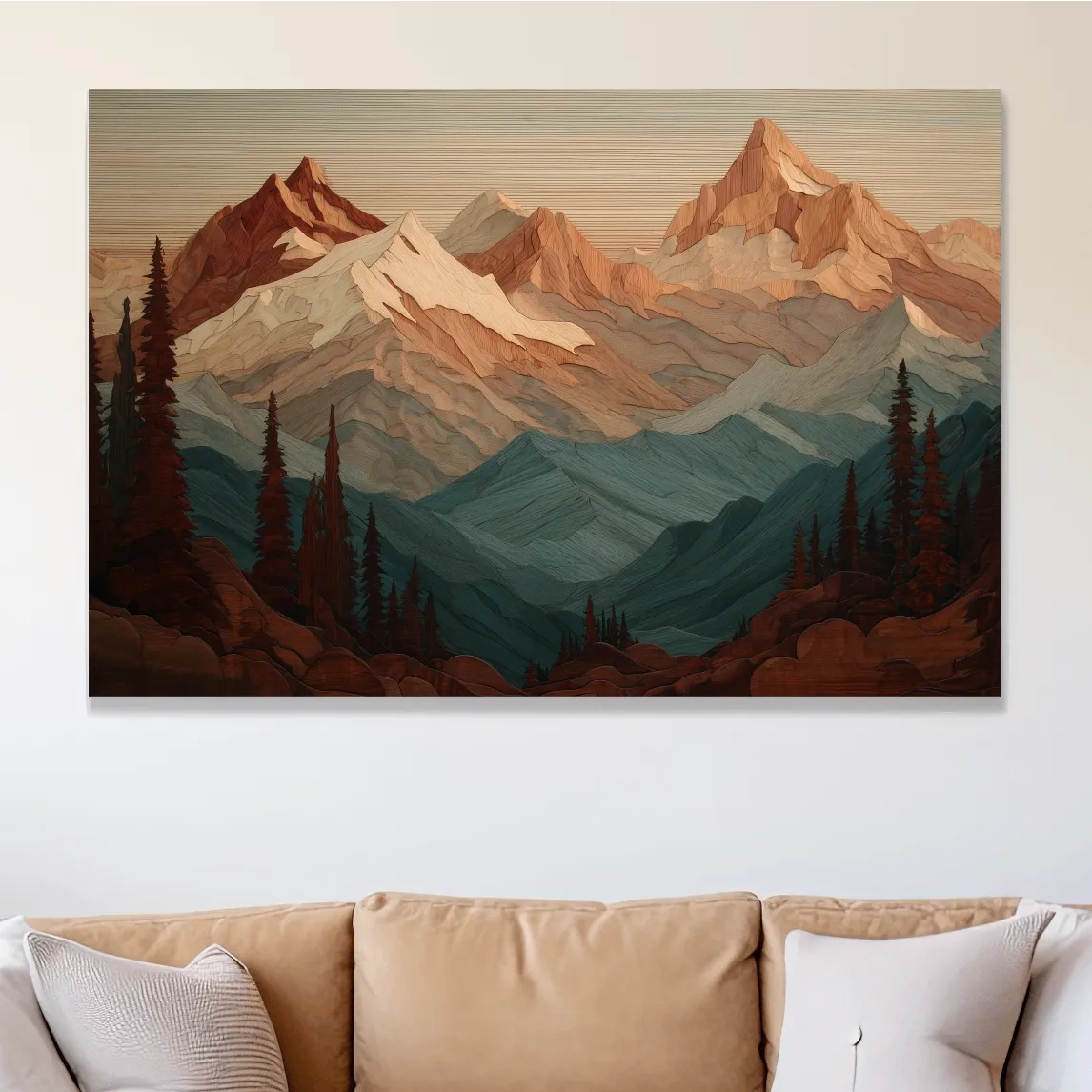 Layered Wood Alpine Mountain Range - Textured Topographic Landscape Wall Art