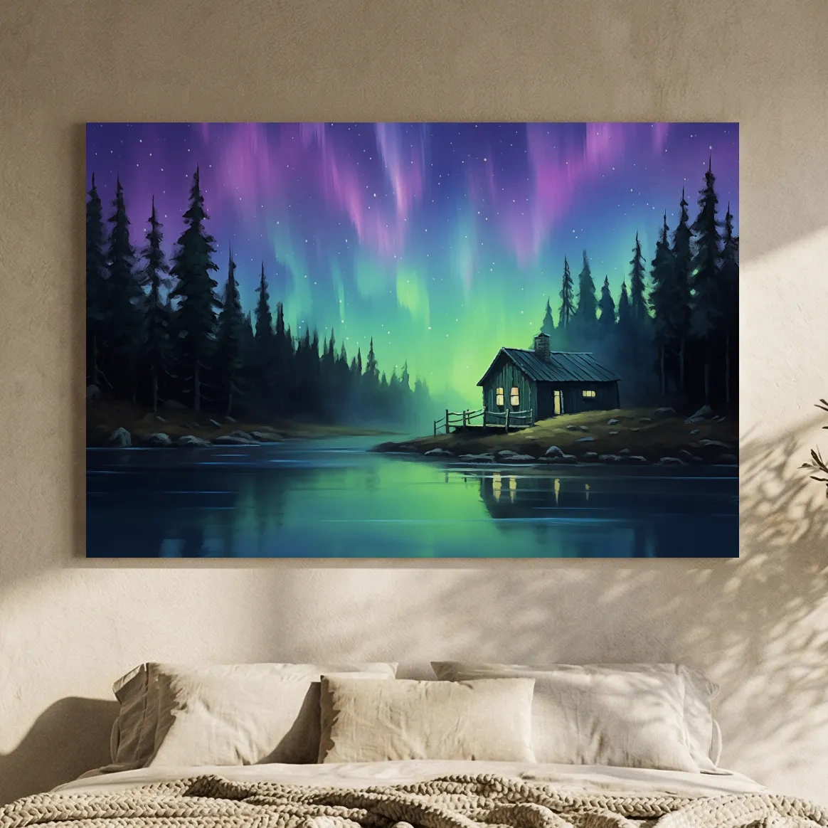 Northern Lights Over Lakeside Cabin Painting - Aurora Borealis Night Wall Art